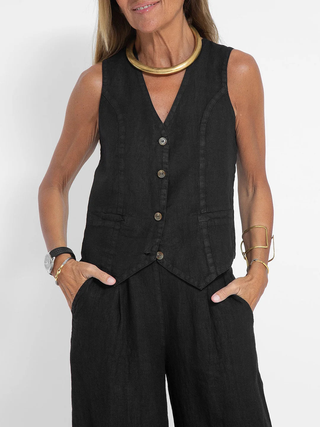 Aira™ – Buttoned Vest &amp; Wide-Leg Trousers Set