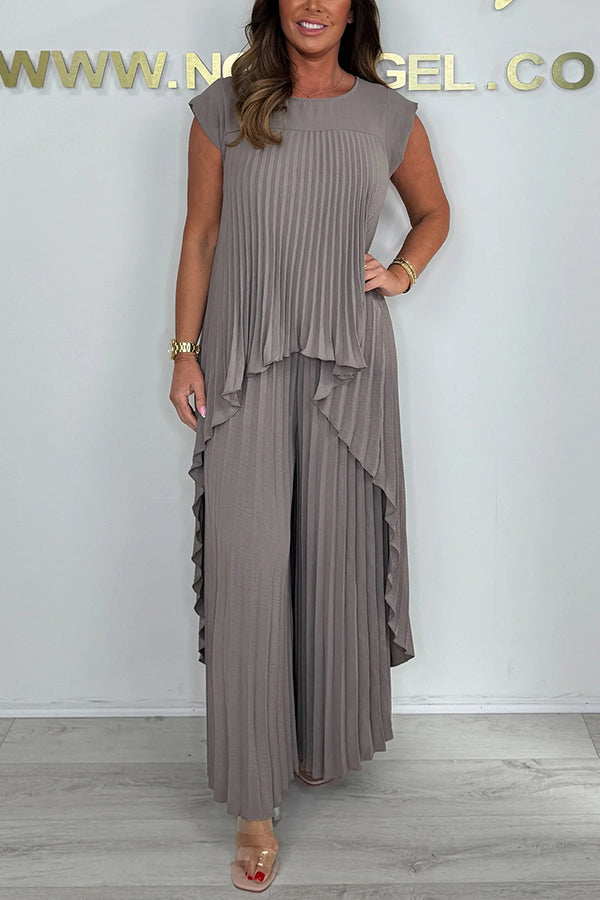 Laney™ – Pleated Top &amp; Elastic Waist Wide-Leg Pants Set